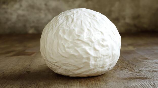 Soft mozzarella cheese ball on a wooden table with a rustic background in a cozy kitchen setting photo