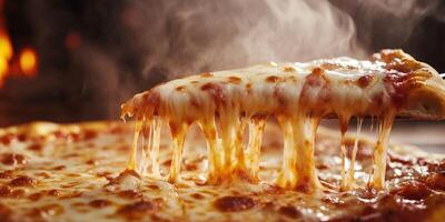 Cheese pizza being pulled from a freshly baked oven with steam rising in a cozy pizzeria setting photo