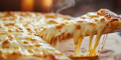 Freshly baked cheese pizza with gooey melted cheese served on wooden board photo