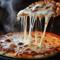 Freshly baked cheese pizza with steaming mozzarella being pulled apart in a cozy kitchen setting photo