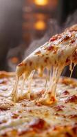 Hot and cheesy pizza being pulled apart, showcasing melty strings of cheese and delicious toppings photo