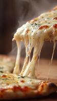 Freshly baked pizza with melting cheese and steam rising, served on wooden board photo