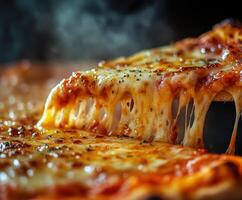 Freshly baked cheese pizza with bubbling crust and melted cheese served on a wooden board photo