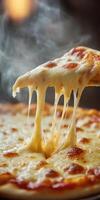 Melting cheese stretches from a freshly baked pizza served hot and steaming photo