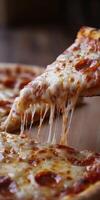 Delicious pepperoni pizza being pulled apart, showcasing gooey cheese and crispy crust at a lively restaurant setting photo