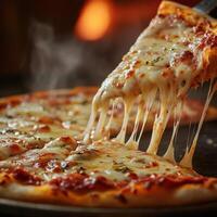 Hot cheese pizza being pulled apart in a cozy restaurant with a warm atmosphere photo