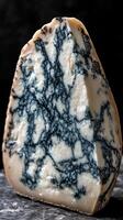 Discovering the unique texture and flavor of blue cheese with its striking blue marbling photo