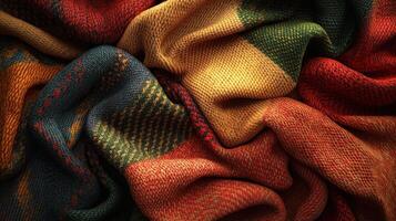Vibrant knit fabric displaying intricate patterns and warm colors in an artistic arrangement photo