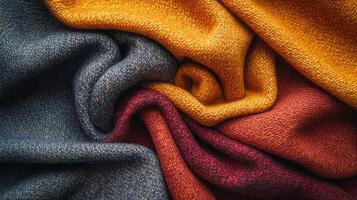 Textures and colors of warm blankets in rich hues layered together in cozy arrangement photo