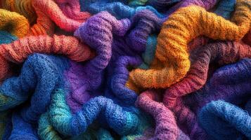 Colorful textured fabric displaying vibrant waves of yarn in a variety of hues and patterns photo
