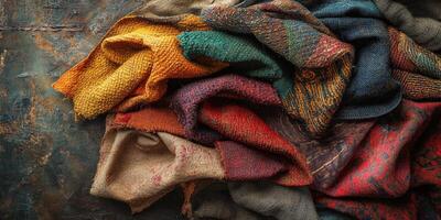 Colorful collection of textured fabrics arranged on a rustic surface in a cozy setting photo