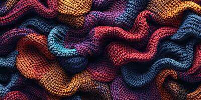 Textured knitted fabric displays vibrant colors and intricate patterns in a warm, cozy arrangement during a craft session photo