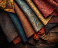 Colorful textiles display intricate patterns and textures stacked on a rustic wooden surface in warm lighting photo
