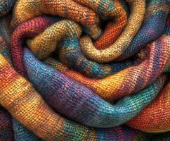 Cozy and vibrant knitted blanket showcasing colorful patterns in a beautiful swirl on a soft surface photo
