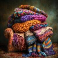 Cozy collection of colorful knitted blankets on an ornate armchair showcasing texture and warmth in a softly lit room photo