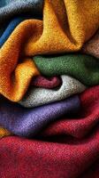Colorful textiles arranged in a cozy and inviting manner showcasing various hues and textures for design inspiration photo