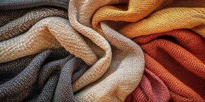 Textured fabrics in vibrant colors create an artistic display of warm tones suitable for cozy interiors photo