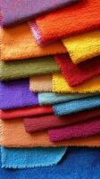 Vibrant collection of fabric swatches showcasing diverse textures and colors for textile enthusiasts photo