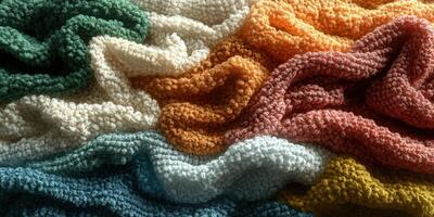 Cozy knitted blanket with vibrant colors draped artistically over a soft surface in a warm indoor setting photo