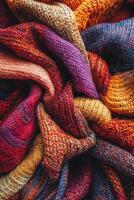 Colorful knitted woolen patterns create a vibrant texture in a cozy arrangement of fabrics during autumn photo