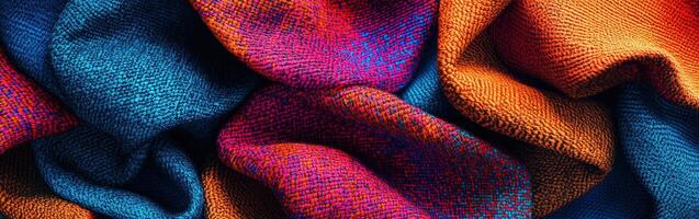 Colorful woven fabric showcasing vibrant hues and intricate patterns in textile art photo