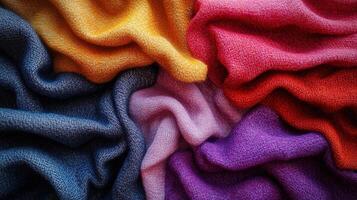 Colorful fabric textures arranged in a circular pattern showcasing various shades and textures in a textile display photo