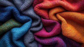 Colorful knitted blankets arranged in a cozy display showcasing vibrant textures and patterns photo
