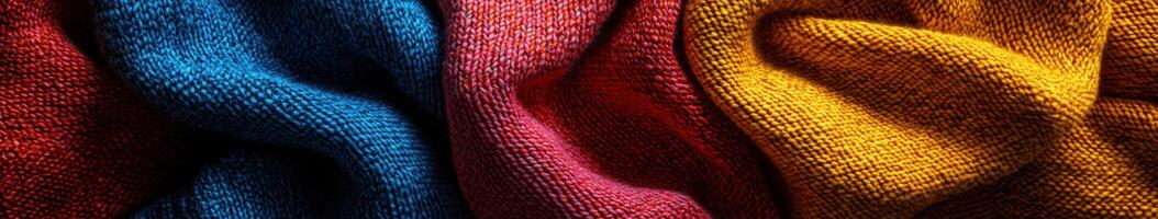 Vibrant textures of woven fabric displayed in shades of blue, red, and yellow against a textured backdrop photo