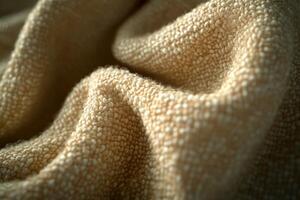 Boucle fabric close-up showcasing intricate texture and warm shades in natural light photo