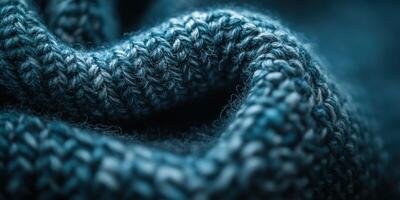 Close-up view of rich blue boucle fabric showcasing texture and intricate knit patterns in a cozy indoor setting photo