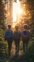 Children from Generation Alpha explore a nature trail with solar panels on their backpacks during sunset photo