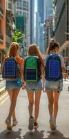Generation Alpha explores the urban landscape with solar-powered backpacks in a city setting during daylight hours photo