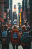 Generation Alpha embraces sustainability in Times Square with solar backpacks while exploring urban life photo