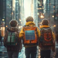 Three children from generation alpha exploring a vibrant city with solar-powered backpacks during a rainy afternoon photo
