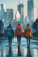 Young explorers with solar backpacks walk through a city after rain showcasing Generation Alpha's love for adventure photo