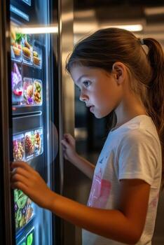 Young girl exploring modern vending machine with colorful snacks at school during afternoon break photo