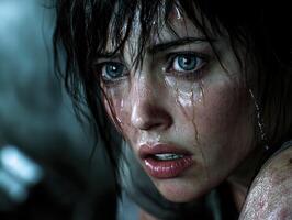 Emotional intensity captured in close-up of a distressed character with striking blue eyes and wet strands of hair photo