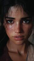 Close-up portrait of a young woman with wet skin and deep expression during a warm afternoon photo