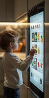 Child exploring interactive smart refrigerator interface while preparing for meal at home kitchen photo