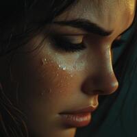 Intense close-up portrait of a woman illuminated by soft light showcasing emotion and detail photo