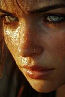 Intense close-up of a person with striking eyes and glistening skin in a warm, golden light during a dramatic, outdoor setting photo