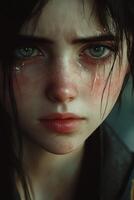 Young woman with tears reflecting deep emotion in close-up portrait at twilight photo