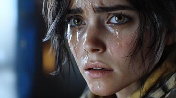 Emotional close-up of a woman with tears on her face in a somber atmosphere during a rainstorm photo