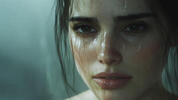 Woman with wet hair and emotional expression in a dimly lit setting during a rainstorm photo