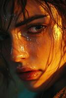 Dramatic close-up of a wet model illuminated by warm light in an artistic portrait session at sunset photo