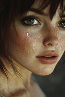 Portrait of a young woman with freckles and water droplets on her face, capturing emotions in natural lighting photo