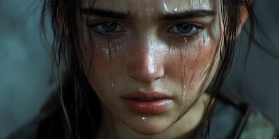 Emotional close-up of a young woman experiencing distress in a rain-soaked environment during a gloomy afternoon photo