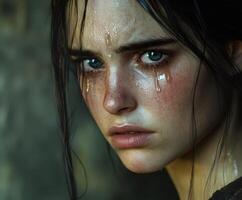 Intense expression of emotion captured in a close-up portrait of a young woman with tears glistening on her face photo