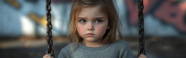 Young child on a swing in an urban playground, expressing a pensive mood during autumn afternoon photo