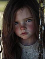 Young girl with striking blue eyes and freckles gazes intently while standing between chain swings at a playground on a sunny day photo